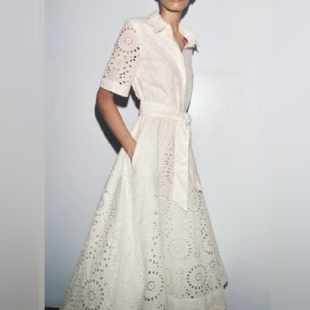 Zara White Eyelet Tie-Waist Shirt Dress - Picture 3 of 6